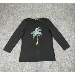 VTG Y2K Sweaterworks Top Medium Beaded Sequins Palm Tree Tropical Beach Artsy